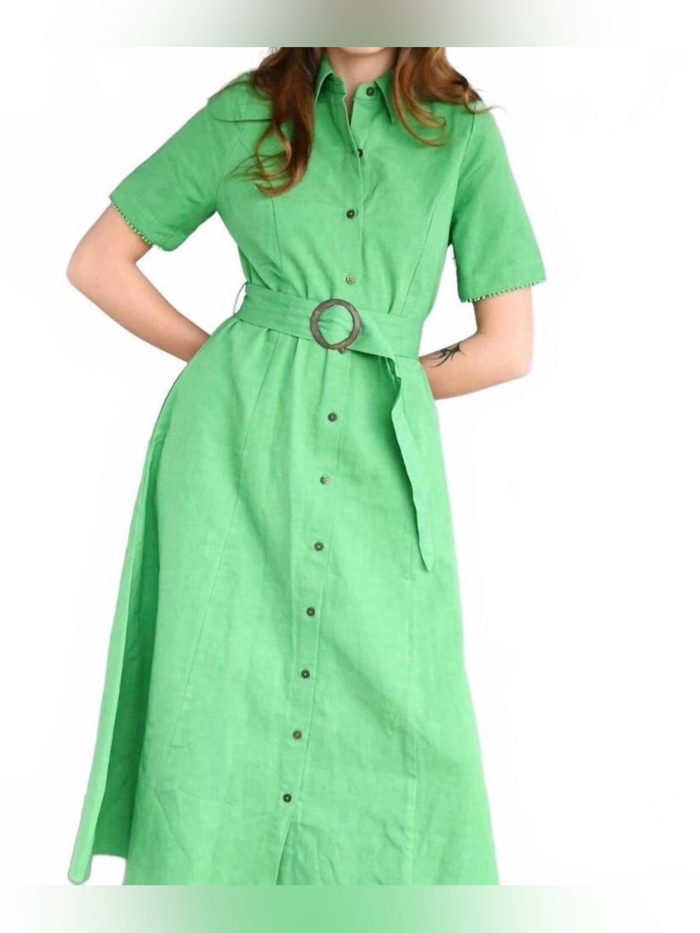 New Never a Wallflower Kelley Green Button-Front Midi Dress with Belt Womens S